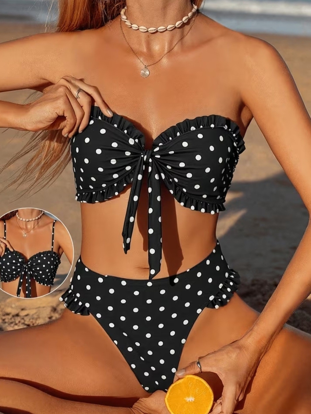 Polka Dot Ruffle Tie-Front Bandeau Bikini - Black/White